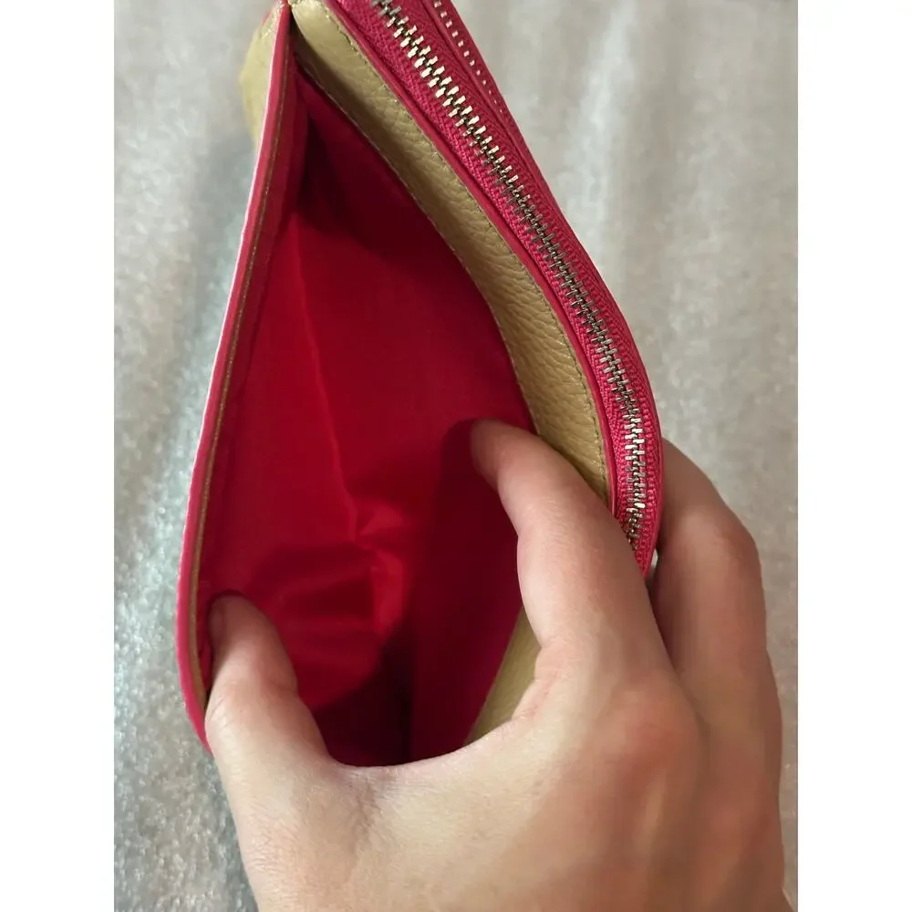 EUC Coach Bleecker Edgepaint Double Zip Leather Wallet Wristlet Camel Pink Ruby
